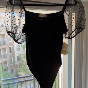 NWT Altar'd State Black Sheer Polka Dot Puff Sleeve Bodysuit